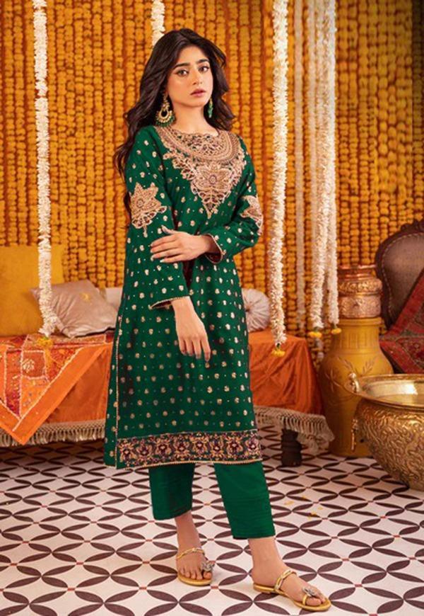 2 pcs Women's Stitched Katan Silk Embriodered  Suit